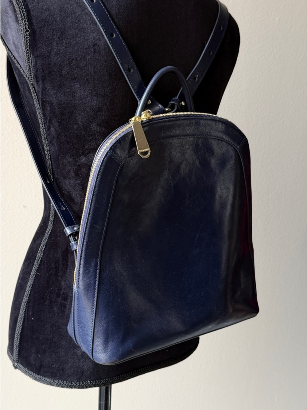 Brahmin Navy Blue Leather Backpack with Gold Hardware